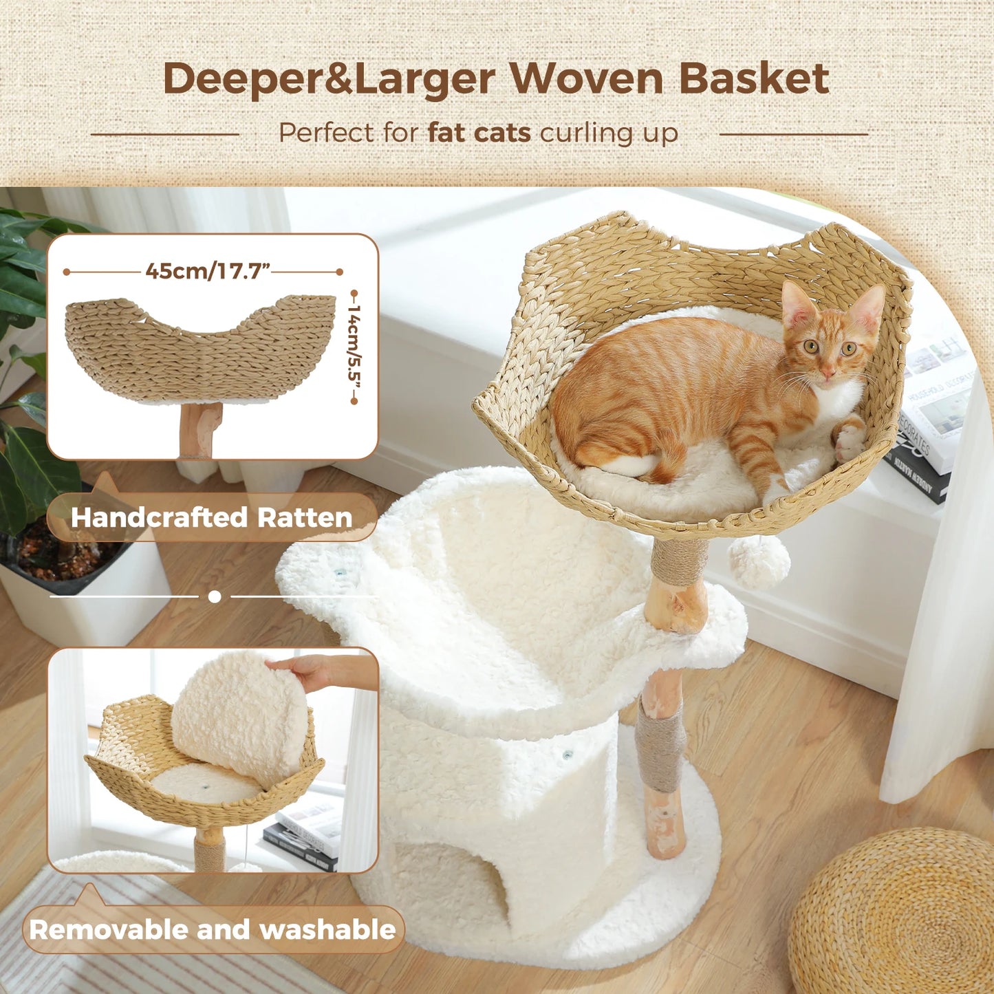 Modern Cat Tree Condo with Large Woven Basket