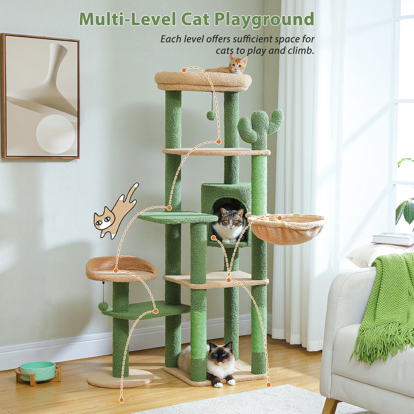 150cm Cactus Large Cat Tree Tower with Hammock