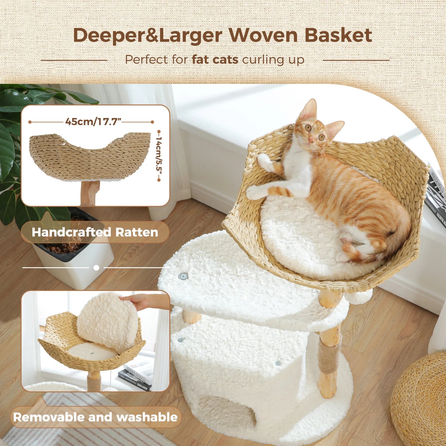 Modern Cat Tree Condo with Large Woven Basket