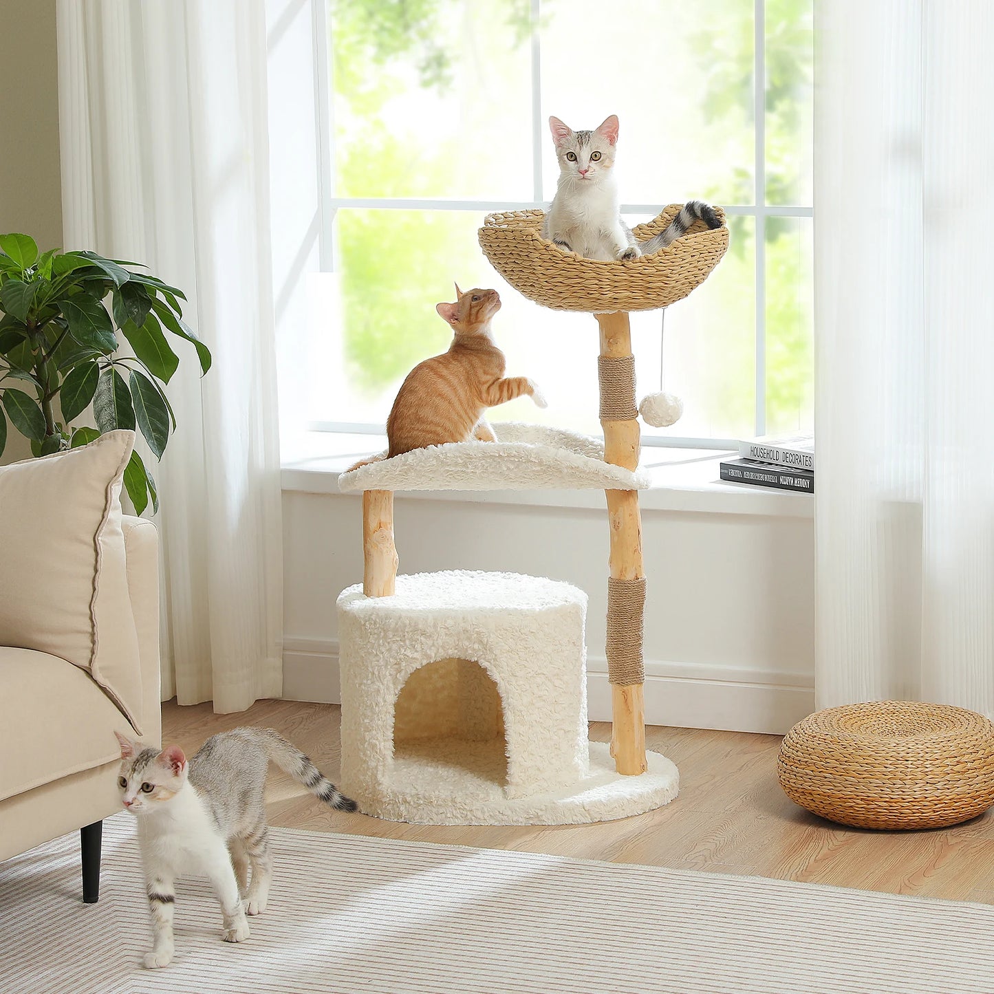 Modern Cat Tree Condo with Large Woven Basket