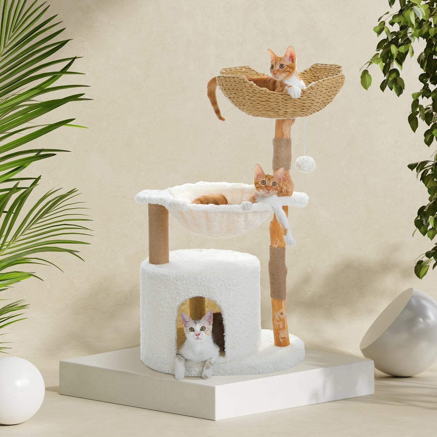 Modern Cat Tree Condo with Large Woven Basket