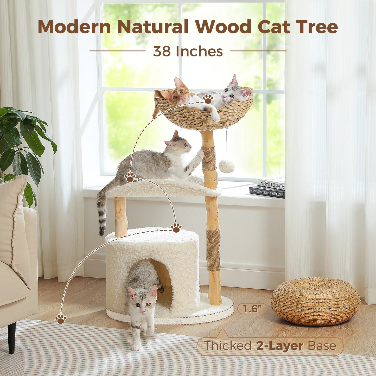 Modern Cat Tree Condo with Large Woven Basket