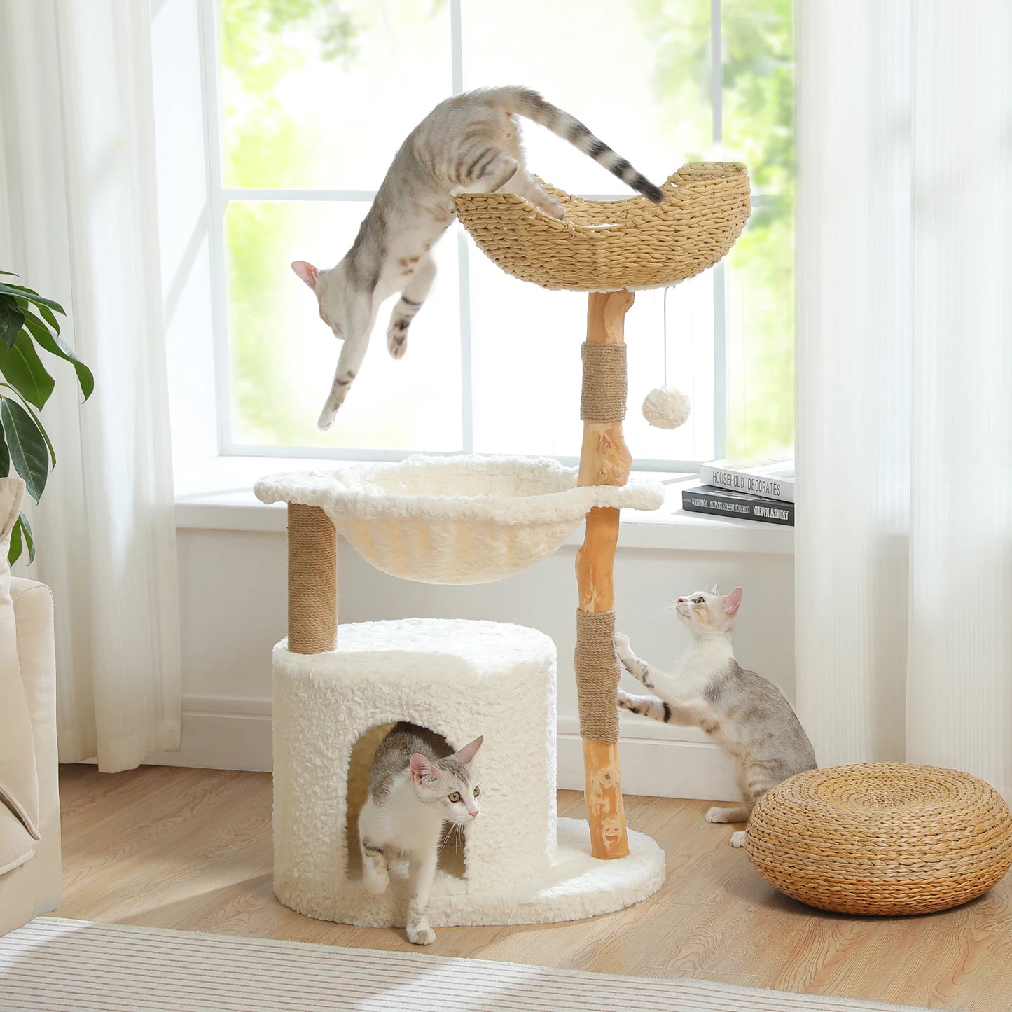 Modern Cat Tree Condo with Large Woven Basket