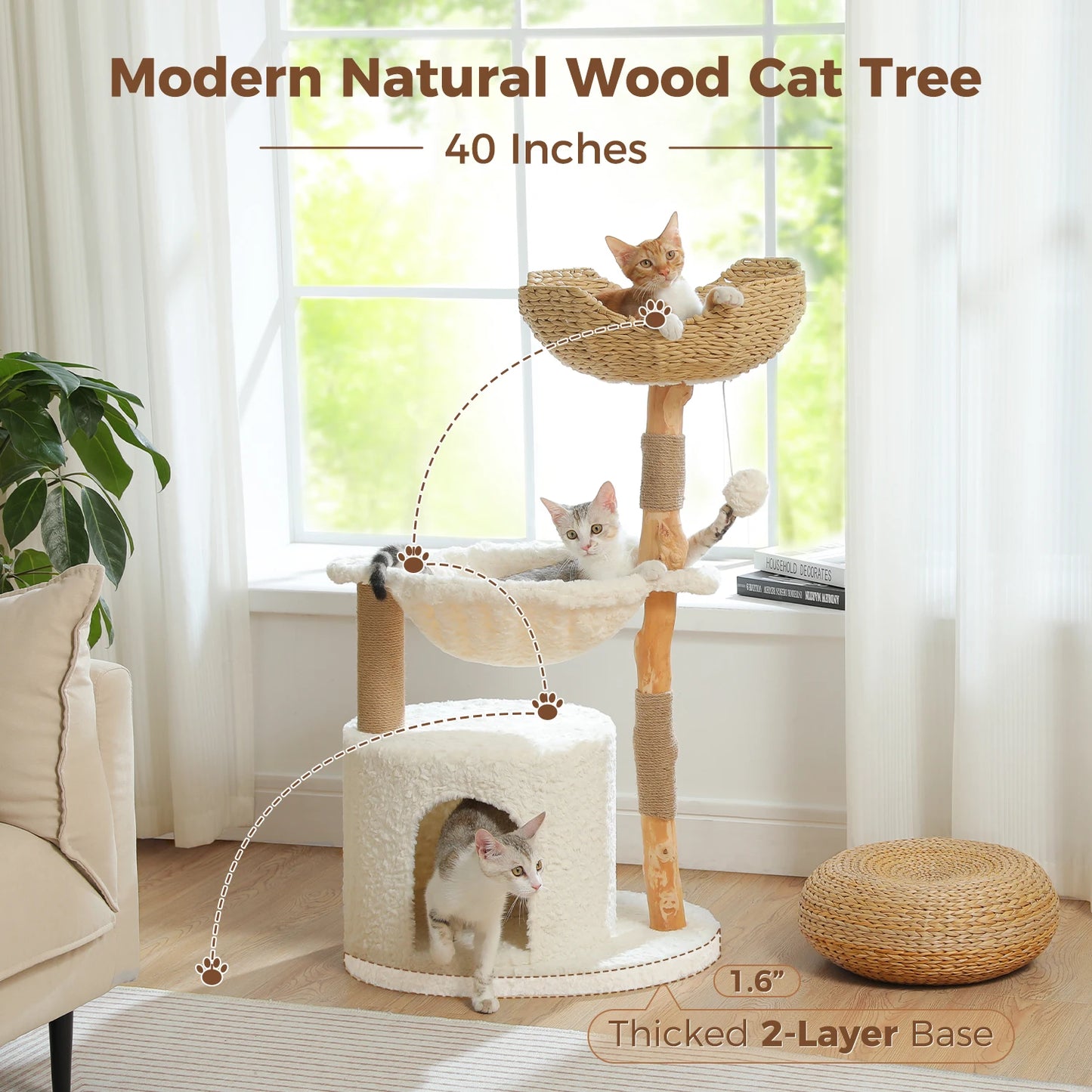 Modern Cat Tree Condo with Large Woven Basket