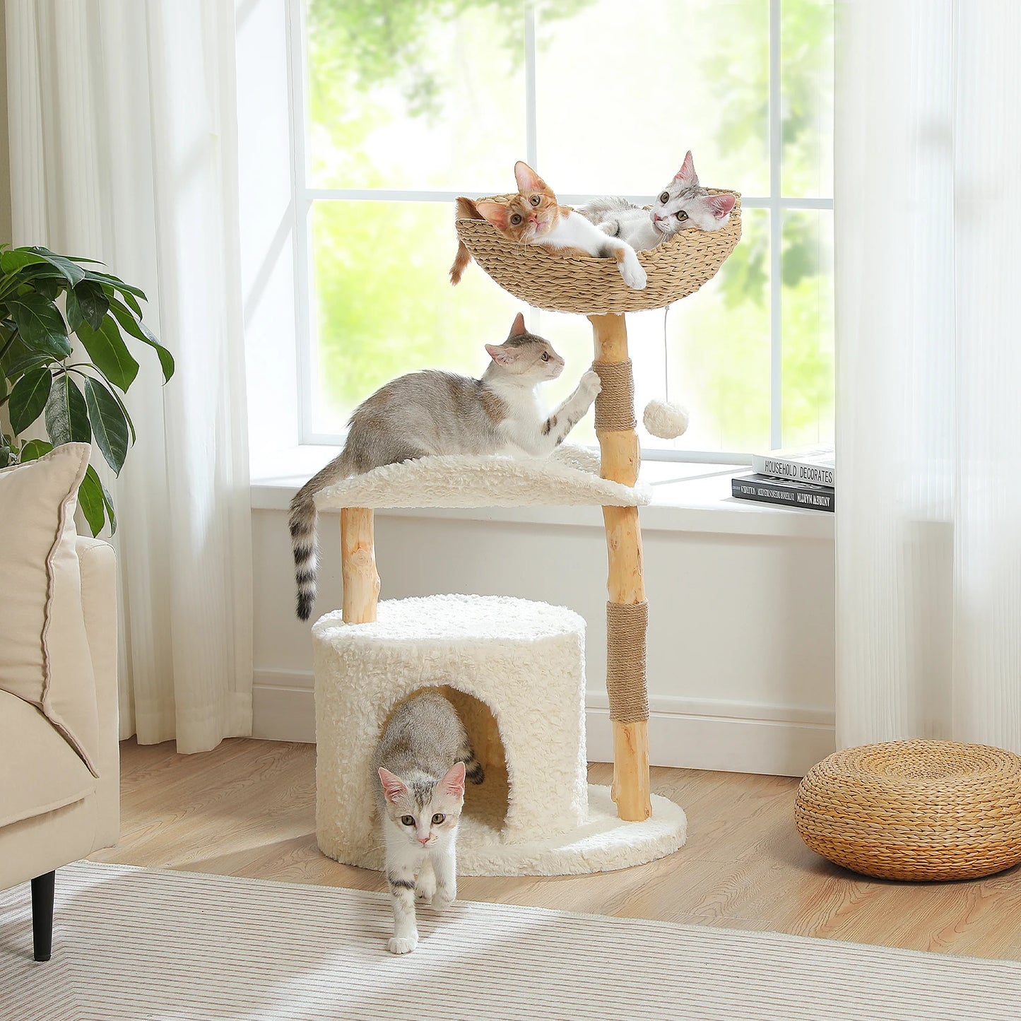 Modern Cat Tree Condo with Large Woven Basket