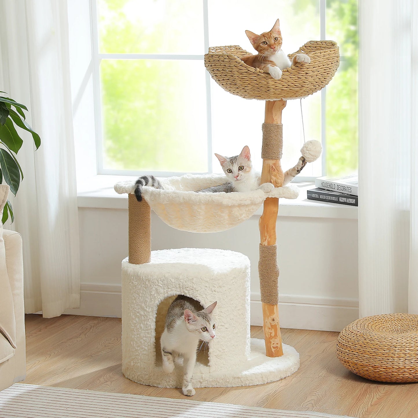 Modern Cat Tree Condo with Large Woven Basket