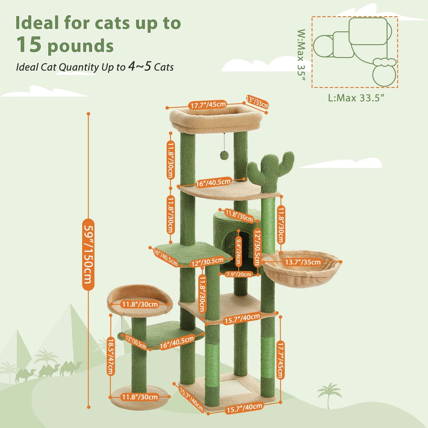 150cm Cactus Large Cat Tree Tower with Hammock