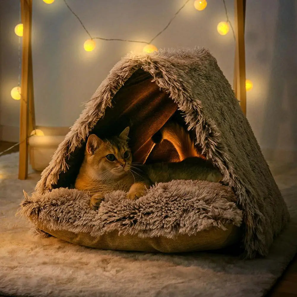 Plush Cat Bed Pet House Soft Sleeping Tent