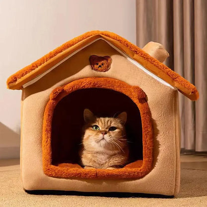 Cozy Warm Pet House Foldable Cat Bed Brown