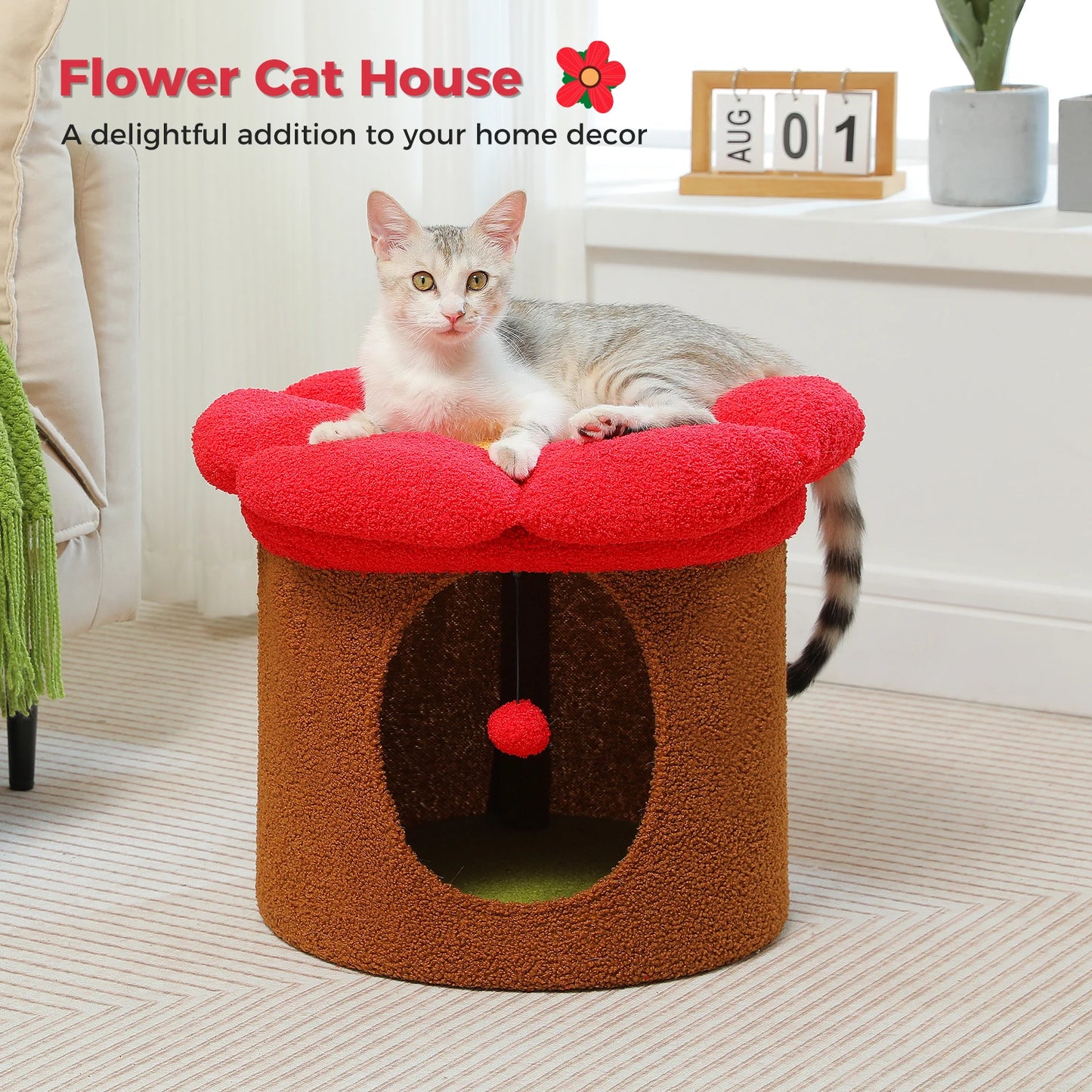 Flower Cat House Condo with Pompom Ball