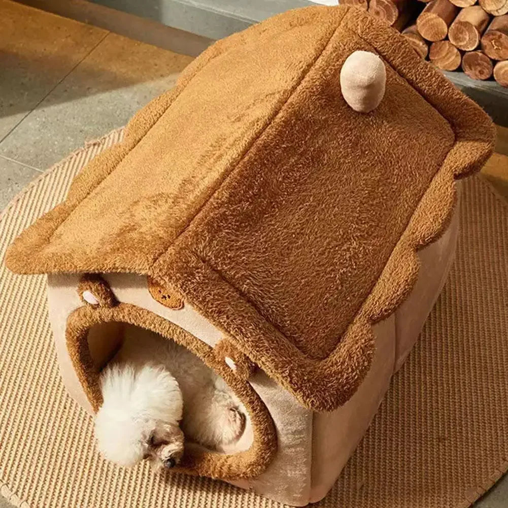 Cozy Warm Pet House Foldable Cat Bed Brown